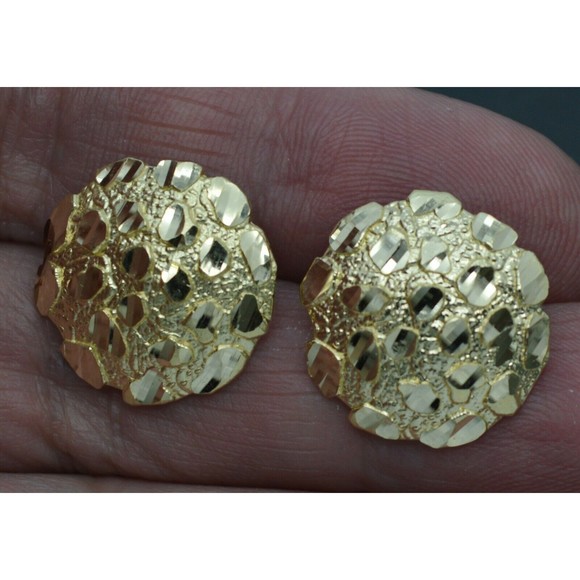 Real 10K Yellow Gold Large Round Diamond Cut Nugget Stud Earrings 18.6mm - Picture 3 of 7